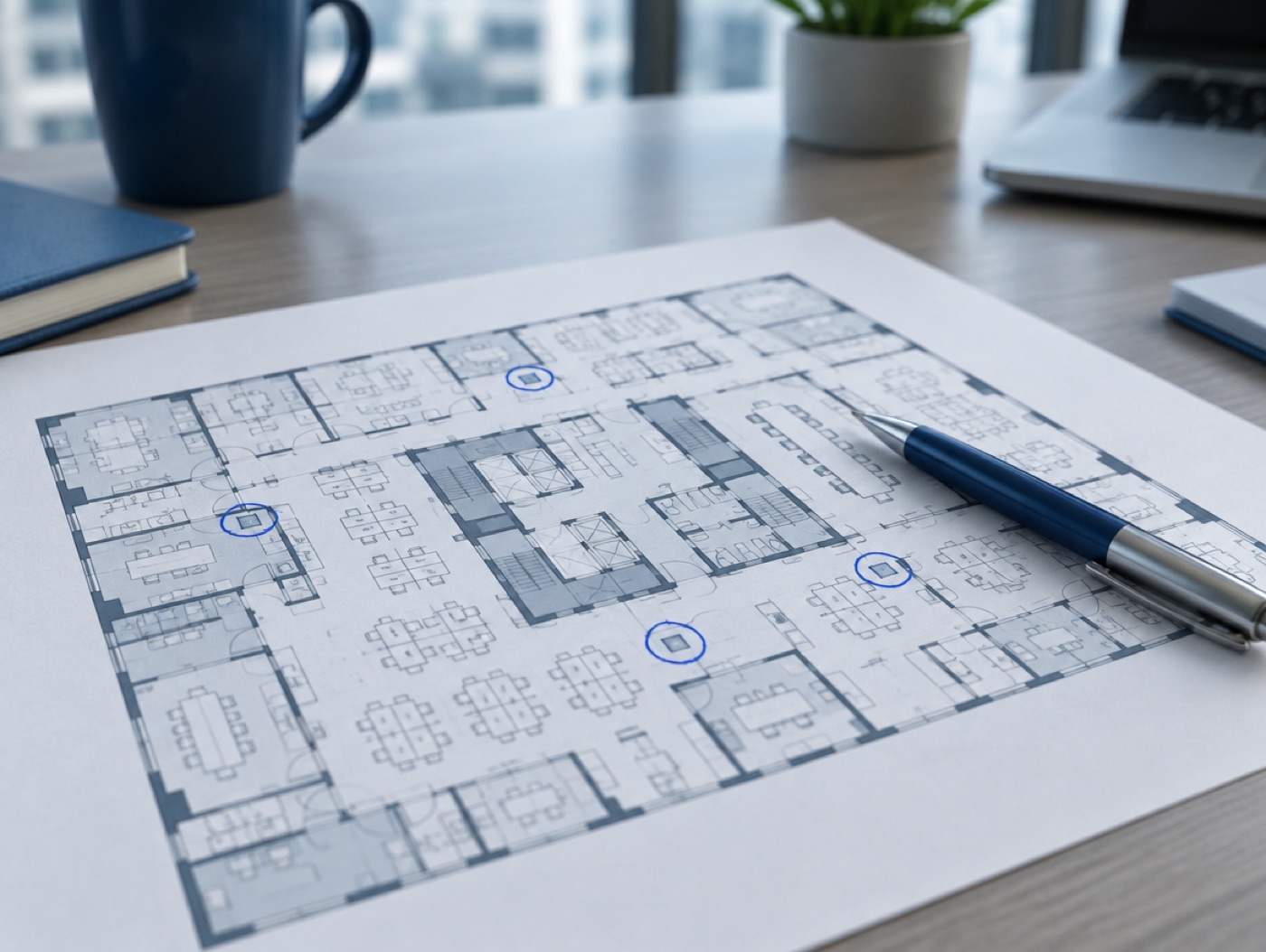 A floor plan with the cooler positions marked